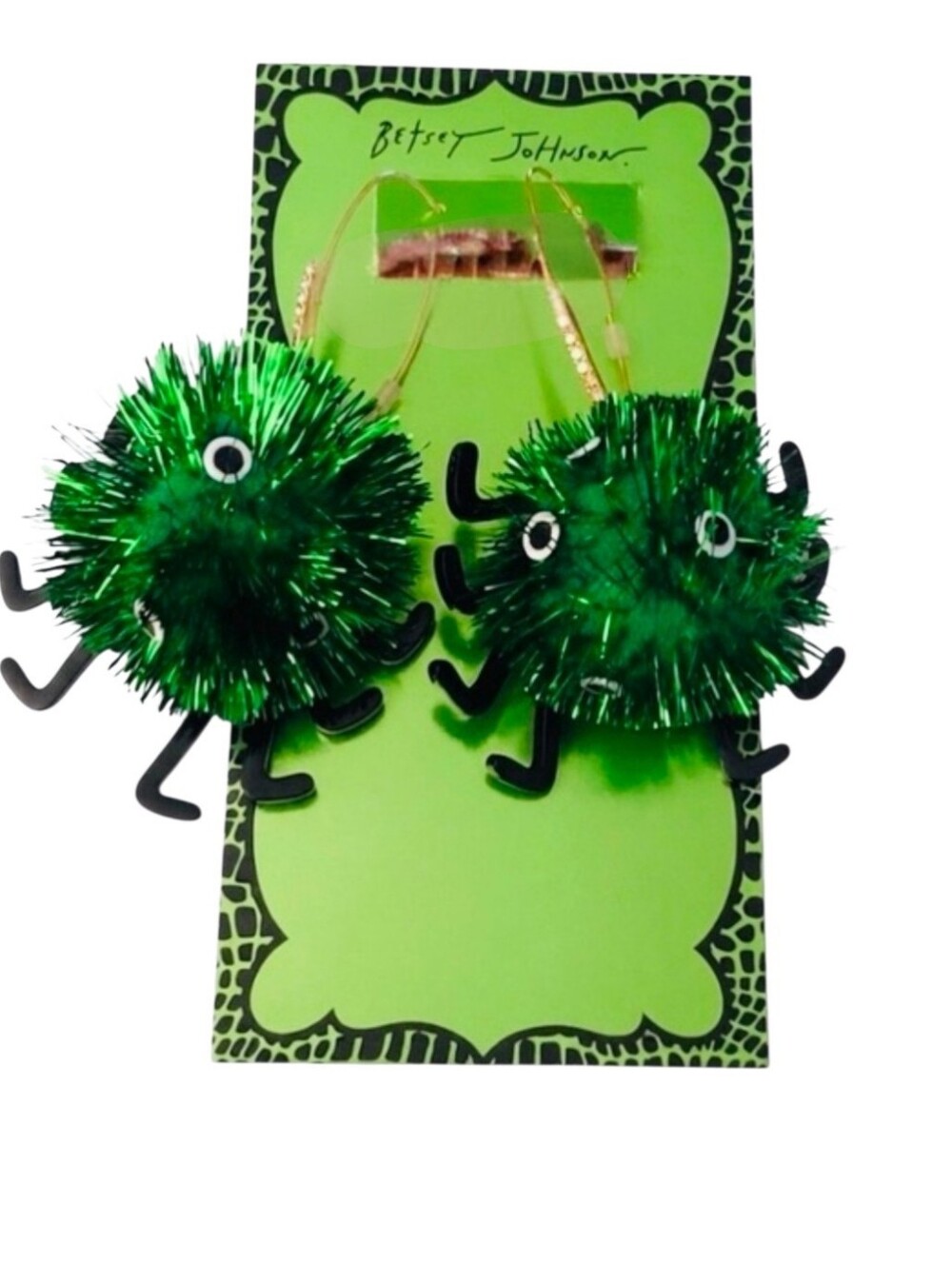 💚▪️Betsey Johnson▪️ Green Tinsel Pom-Pom Monster Earrings